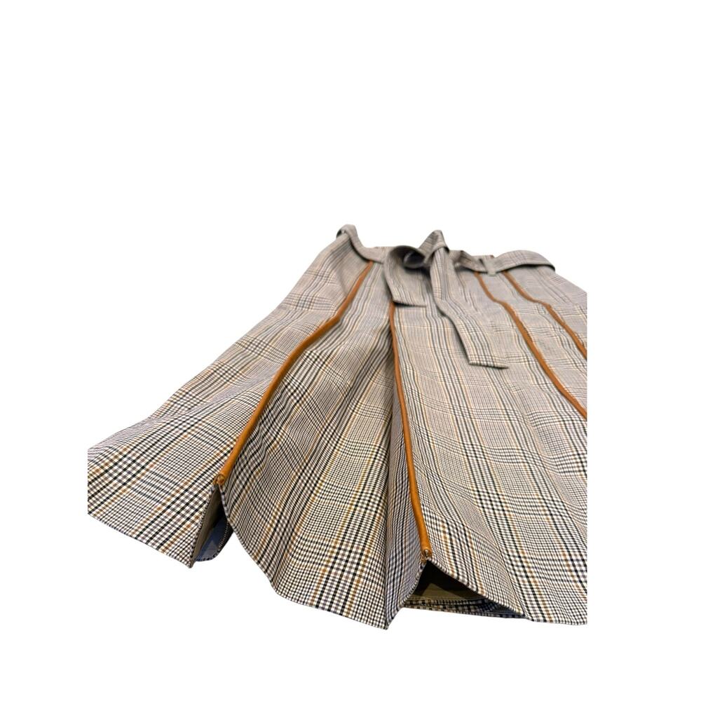 TORY BURCH Plaid Pleated A-Line Midi Skirt Leather Trim Belt Size 0 NWOT - Picture 4 of 9